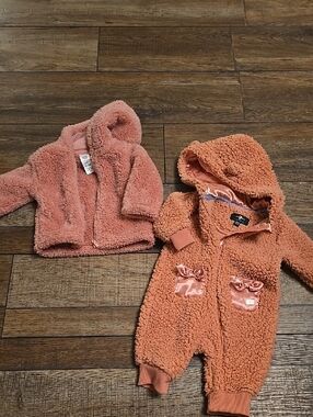Plush Hooded Baby Jacket And Sherpa Jumpsuit - Dusty Rose/Peach
